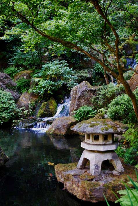 Japanese garden with waterfall and pagoda