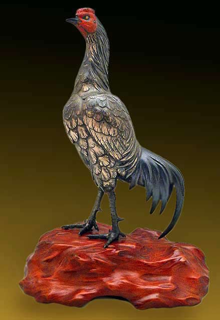 Meiji-multi-metal-Okimono---Rooster,on red rock