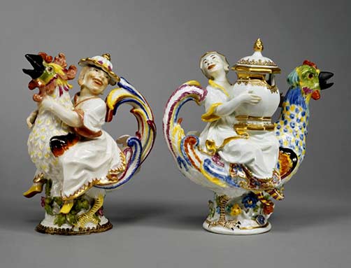 Meissen Cruet and Mustard Pot with male and female figures riding roosters