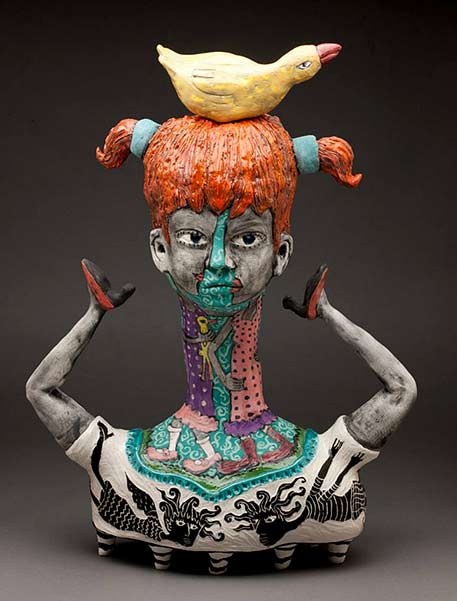 Red hair girl with duck nesting on her head sculpture --Laura-Jean-McLaughlin