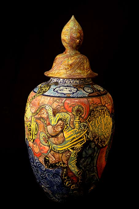 Mattie-Leeds ceramic lidded jar abstract painted decoration