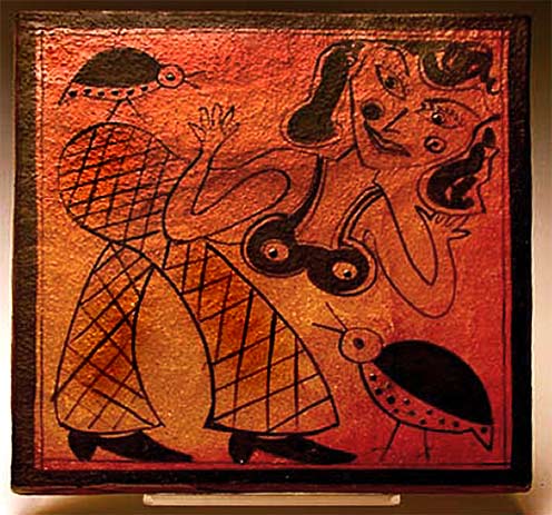 Ceramic til;e square Woman-dancing-with-Guinea-Hen by Fred-Johnston