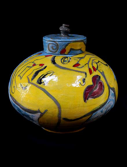 yellow. blue and red lidded jar - Mattie Leeds