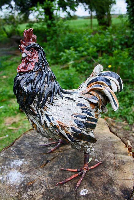 Red, brown-and-black-cockerel ceramic sculpture ---Joe-Lawrence