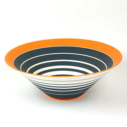 Sara-Moorhouse-ceramic-striped horizontally striped bowl in orange, black and white