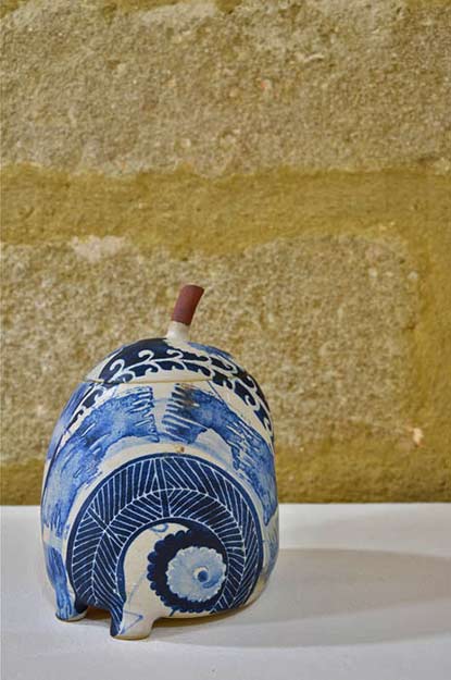Chantal-Césure--blue on white lidded jar