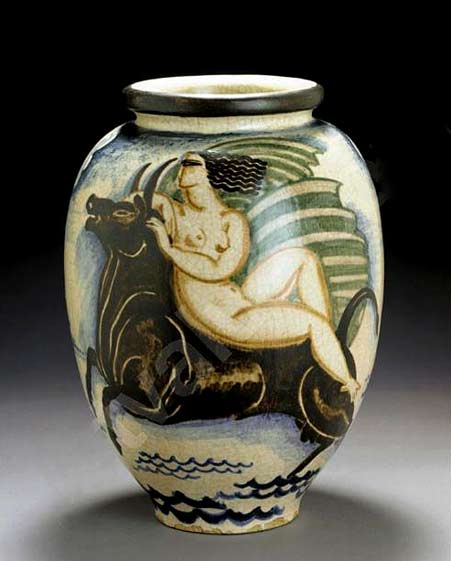 Rene Buthaud-ovoid vase with art deco motif of a naked Europa riding a bull
