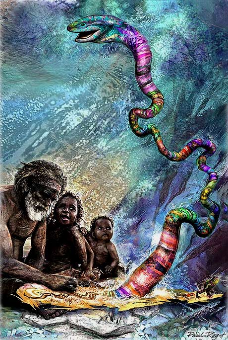 painting of the Rainbow Serpent with aboriginals of Australia