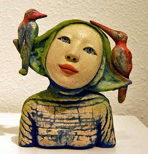 Camille-VandenBerge,-Love-Struck, Ceramic buet of a girl with two birds on her hat