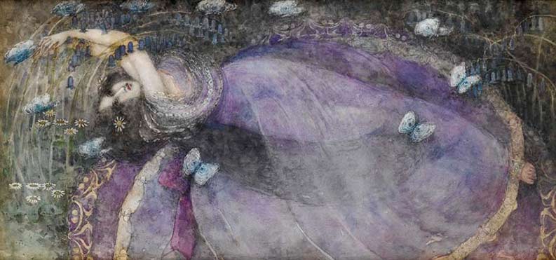 Frances_MacDonald_-_Ophelia_1898 recliing lady in lavender dress