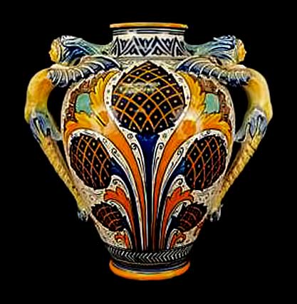 HUGE-Cantagalli-Italian-Faience-Majolica-Winged-Figures-Art-Pottery-..