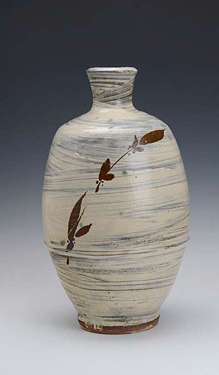 Jim-Malone-Pottery bottle vessel with white slip and red botanical decoration