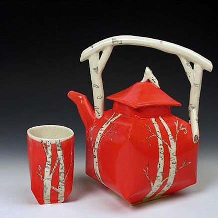 Josie-Jurczenia red ceramic teapot with white underglaze sgaffito