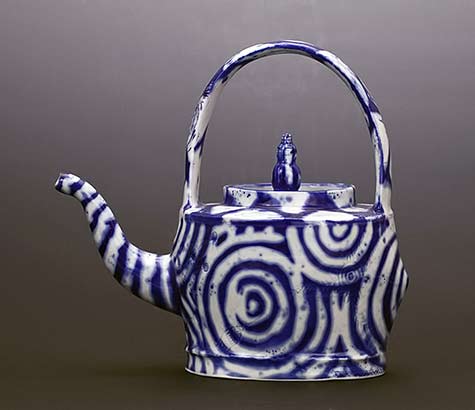 Liz-Quackenbush teapot with blue spirals on white