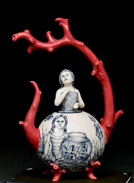 Red Weldon Sandlin teapot with female figure lid