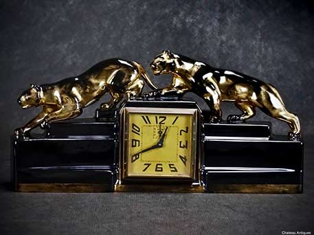 ODYV-French-Art-Deco mantle clock with black panther figures