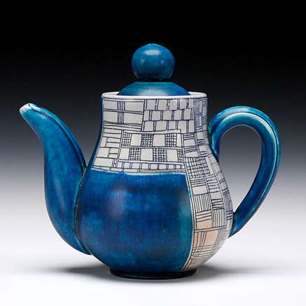 julia-Galoway ceramic teapot - blue glaze with geometric detailed panels