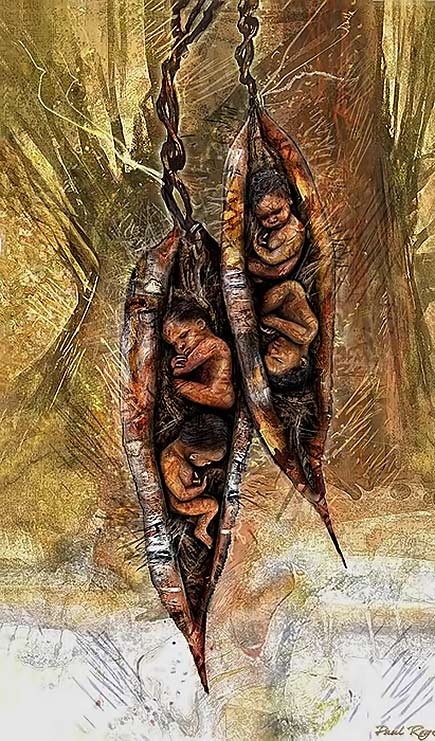 Suspended shells with aboriginal children as pods by Paul Roget