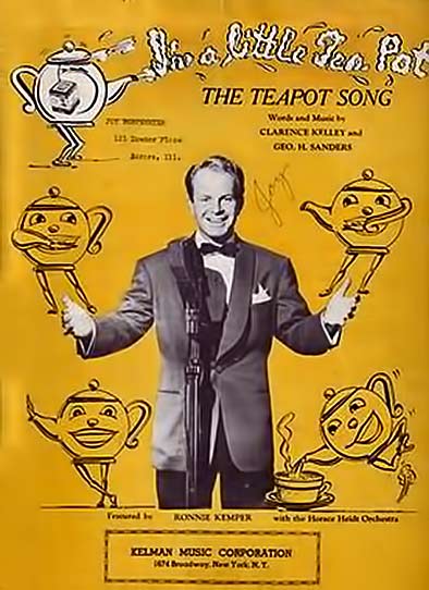 The teapot song a man in a tuxedo holding illustrated teapots