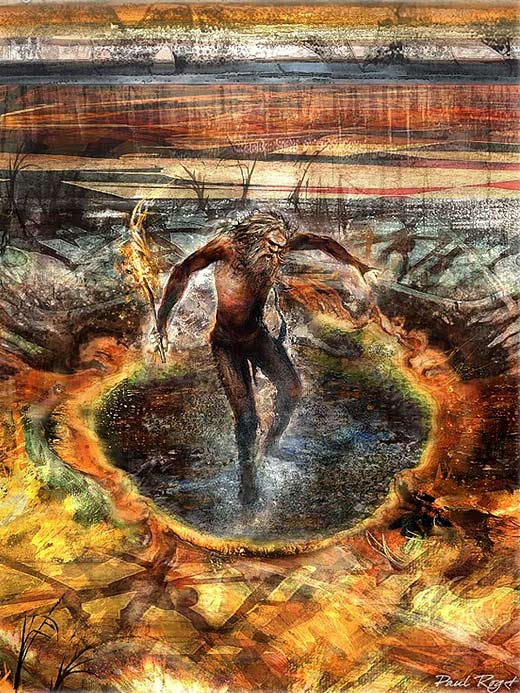 Turning-Fire -Paul-Roget Aboriginal man in a fire pit
