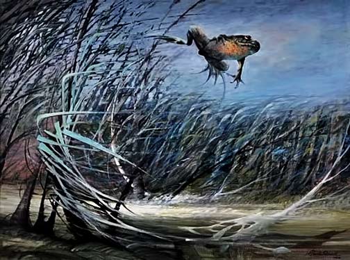 Ainslie-Roberts,-Sound-of-Wind painting of a leaping frog in the reeds