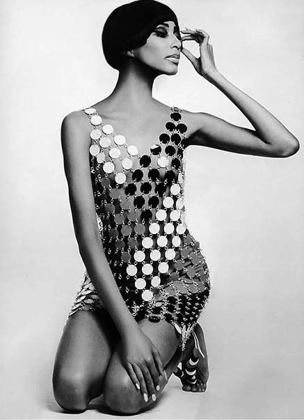 Donyale Luna in a linked disc abstract dress by Paco Rabanne - Sixties