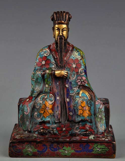 seated Chinese priest sculpture figure in bronze with enamel