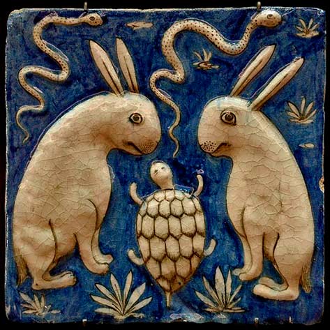 Ceramic panel - earthenware, molded and underglaze-painted decoration. Iran, 19th century.