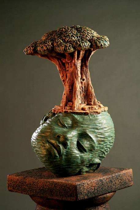 Clayton_Thiel_Spirit_Tree - ceramic sculpture of a green head with a tree on top