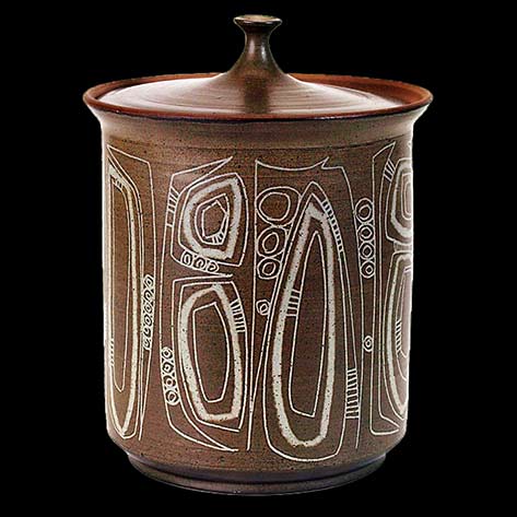 Mid Century ceramic jar with lid and sgraffito motifs  - Clyde Burt