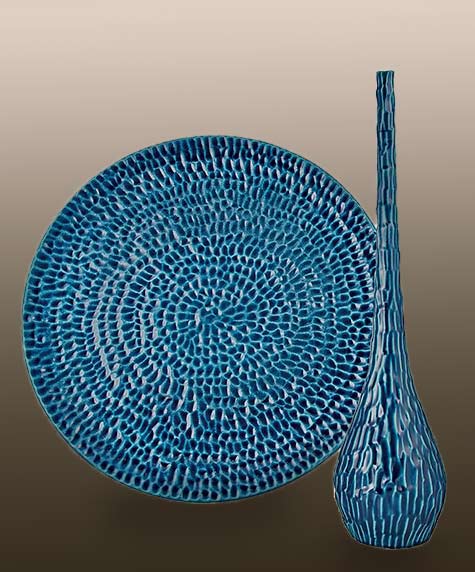 Ecaille---Jean-Christoph-Clair Incised blue plate and matching bottle