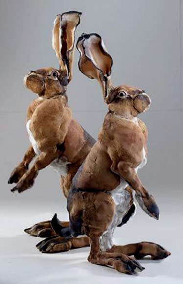 Elaine-Peto two ceramic hare sculptures