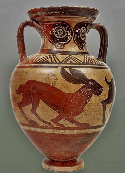Etruscan-Black-figure-amphora,-c.500-BC-with three hare motifs