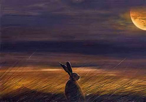 Glastonbury Hare by Christopher Fry - painting of a solitary hare in a field during a Full Moon
