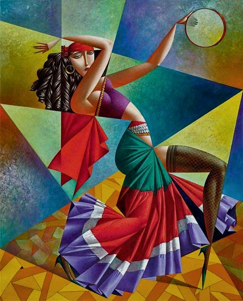 Georgy-Kurasov painting of female dancer with tamborine