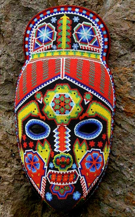 Higinio Hernandez Carrillo. Beaded mask,-'Green Jicuri Flower'