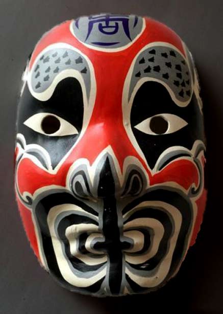 Japanese-Folk-Art-Opera-Mask in red, grey, black and white