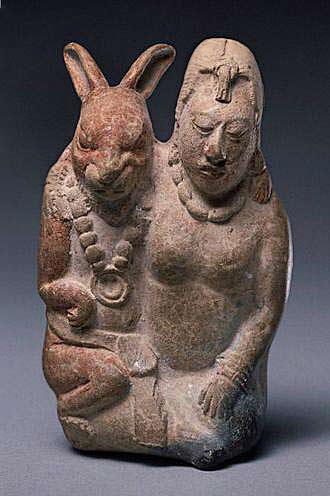 Mayan whistle in the form of the moon goddess and her rabbit consort. CE 600–800.