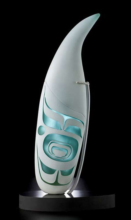 Shaman's Talisman (Bear Tooth with Red-tailed Hawk design). Blown and Sand carved glass, by Joe David.
