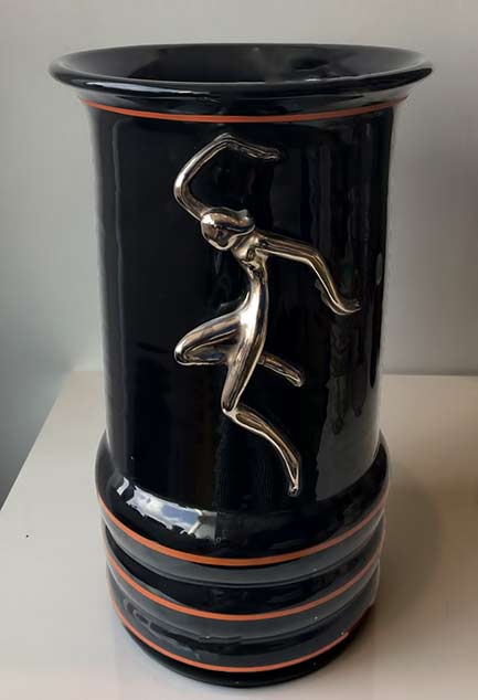 Black vase with orange bands and sliver female motif - Rometti