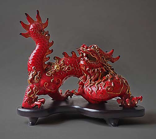 Chinese red and gold ceramic dragon -- Tarlo-and-Graaham-Fitzroy, Melbourne