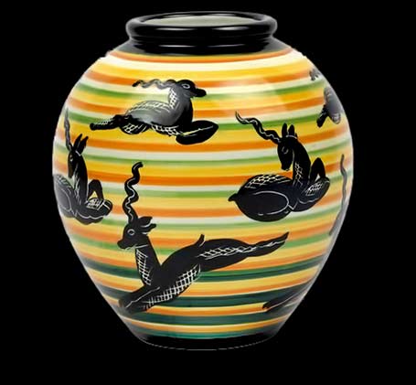 Rometti-ceramiche-vase-antilopi ovoid vase with orange, white, green, yellow bands with blacl antelope motifs