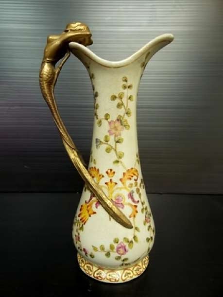 Art Nouveau Porcelain and bronze mermaid pitcher with floral decoration