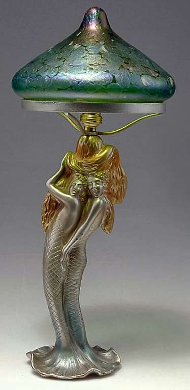 Art Nouveau figural table lamp with two mermaids and green glass lamp shade, c1900