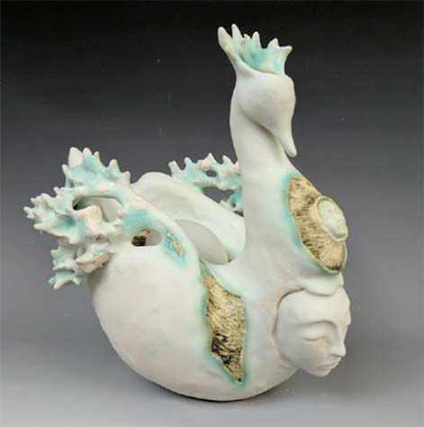 Natasha Dikareva---Swan Teapot stoneware, stains, glazes, china paint, hand built