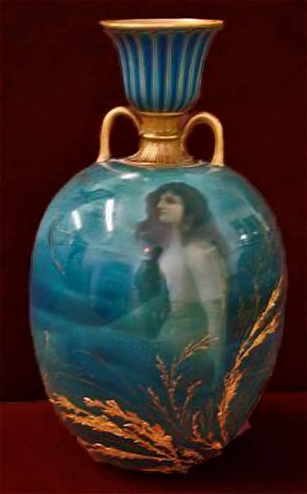 Turquoise Royal-Dalton-Hand-Painted-Mermaid-Vase with gold twin handles