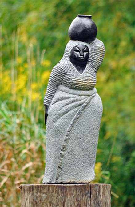 From the Well---Lameck Million Shona sculpture of a woman carrying a pot on her head