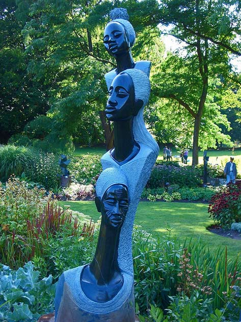 Three Women Shona-Sculptures---Van-Dusen-Gardens,-Vancouver--
