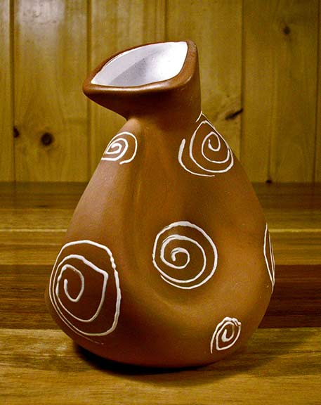 Vintage studio Fischer biomorphic vase - with white spiral motifs on brown matt glaze