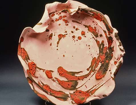 Koi-in-a-pond-2016---Yumi Kiyose ceramic plate - pinks with rust red